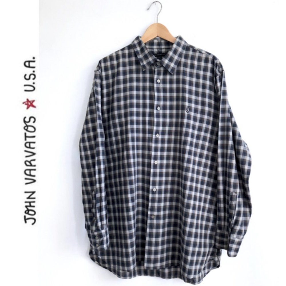 JOHN VARVATOS Plaid Shirt Cotton Peace Sign Sz XL
